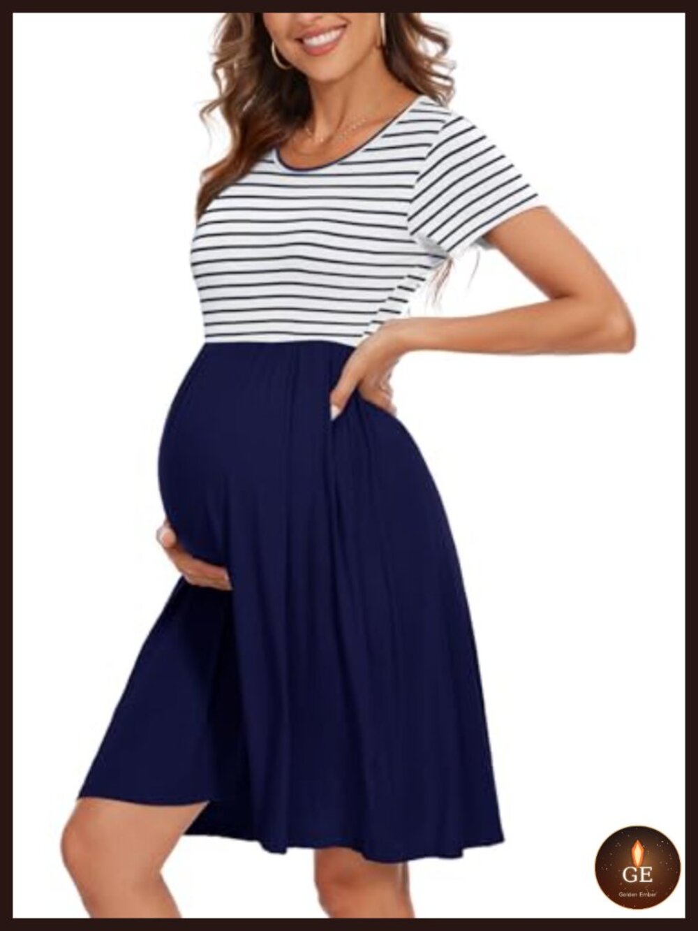 Short Sleeve Maternity Dress with Pockets A-Line Pregnancy Dress